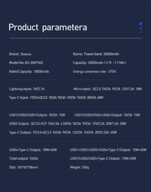 Baseus Power Bank 30000mAh 65W PD3.0 Quick Charging 3.0 FCP SCP Portable External For iPhone 14 12 13 Laptop Tablet Powe