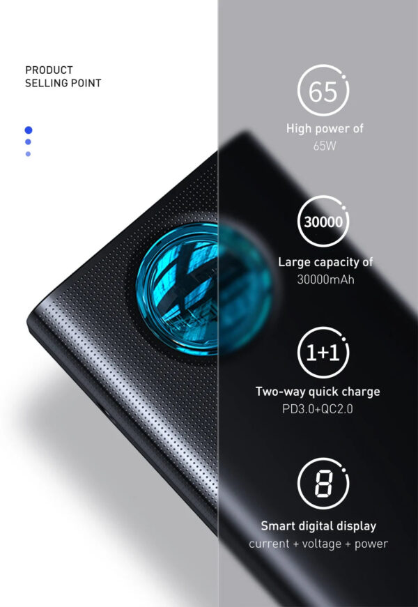 Baseus Power Bank 30000mAh 65W PD3.0 Quick Charging 3.0 FCP SCP Portable External For iPhone 14 12 13 Laptop Tablet Powe