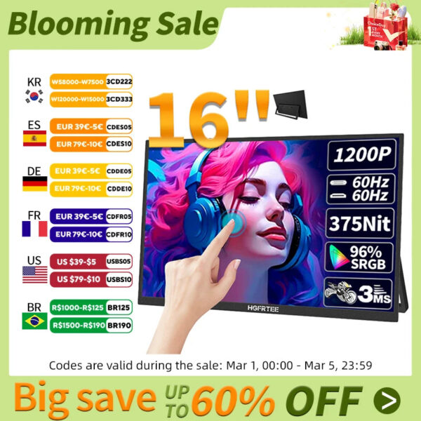 HGFRTEE 16inch Touch Portable Monitor 16:10 96%sRGB 350Cd/m² Second Screen For Laptop With Holder Stand Type-C HDMI-Comp