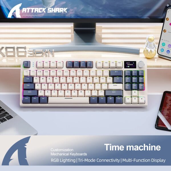 AttackShark K86 Wireless Mechanical Keyboard with Smart Color Screen,Metal Knobs,Cloud Driver, Hot-Swap,Multi-Function,B