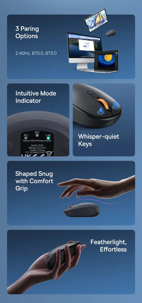 Baseus F01B Mouse Wireless Bluetooth 5.0 Mouse 1600 DPI Silent Click For MacBook Tablet Laptop PC Gaming Accessories 2.4