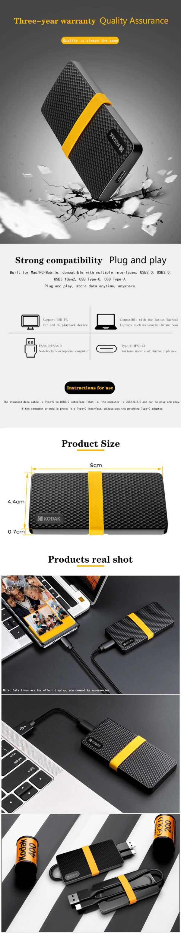 Kodak X200 Portable SSD 2TB 1TB USB 3.1 Type C External Drive Hard Disk 512GB 256GB Solid State Drive For PS4 Laptop Mac