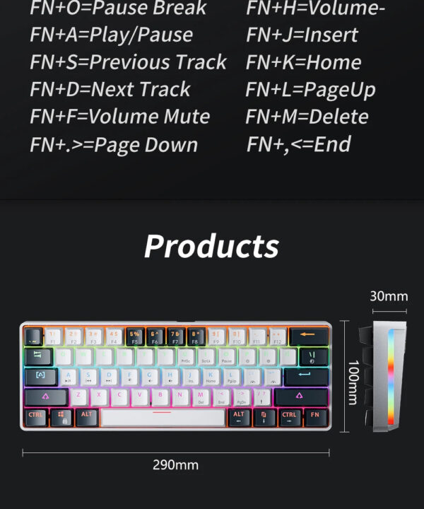 MUCAI MK61 USB Gaming Mechanical Keyboard Red Switch RGB Backlit Hot Swappable 61 Keys Wired Detachable Cable