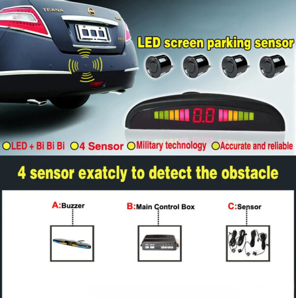 Car Reverse Radar Kit Vehicle Parking Sensor System with 4 Sensors Backup Assist System with LED Distance Display Sound